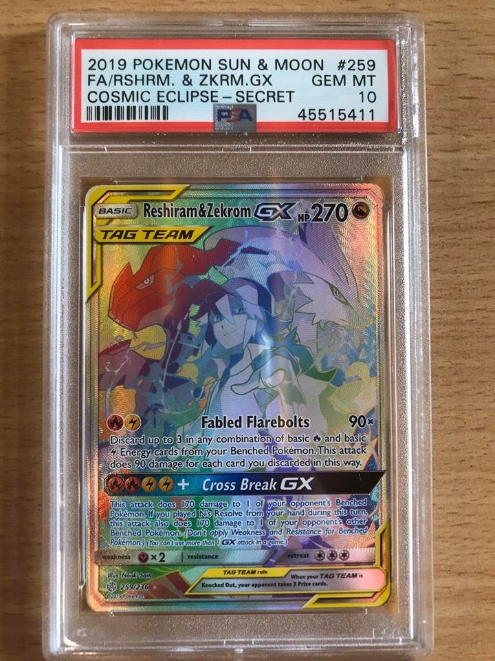 Psa Gem Mint 10 Reshiram Zekrom Gx Secret 2019 Pokemon Sun Moon Cosmic Eclipse 259 Full Art