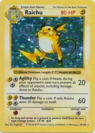 Raichu 14 102 Base Set Shadowless Holo Rare Pokemon Card Near Mint Tcg