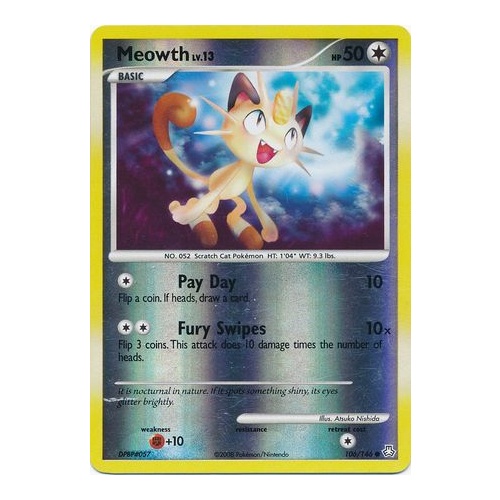 Meowth 106/146 DP Legends Awakened Reverse Holo Common Pokemon Card NEAR MINT TCG