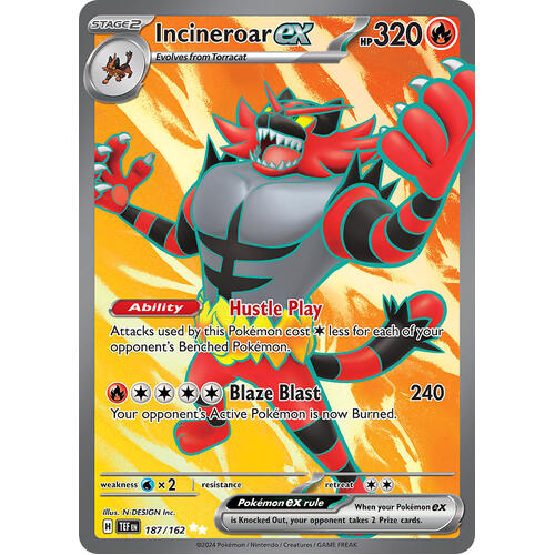 Incineroar ex 187/162 Scarlet and Violet Temporal Forces Full Art Ultra Holo Rare Pokemon Card NEAR MINT TCG