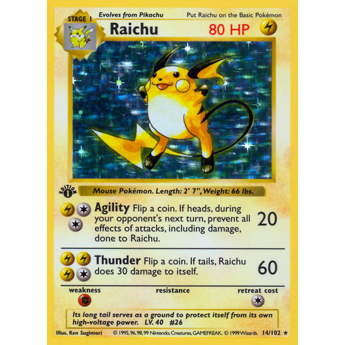 Raichu 14 102 Base Set 1st Edition Shadowless Holo Rare Pokemon Card Near Mint Tcg