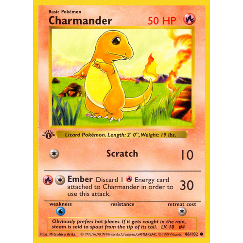 Charmander 46 102 Base Set 1st Edition Shadowless Common Pokemon Card Near Mint Tcg