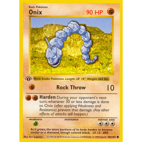 Onix 56 102 Base Set 1st Edition Shadowless Common Pokemon Card Near Mint Tcg