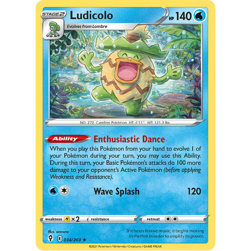 Ludicolo 34/203 SWSH Evolving Skies Holo Rare Pokemon Card NEAR MINT TCG